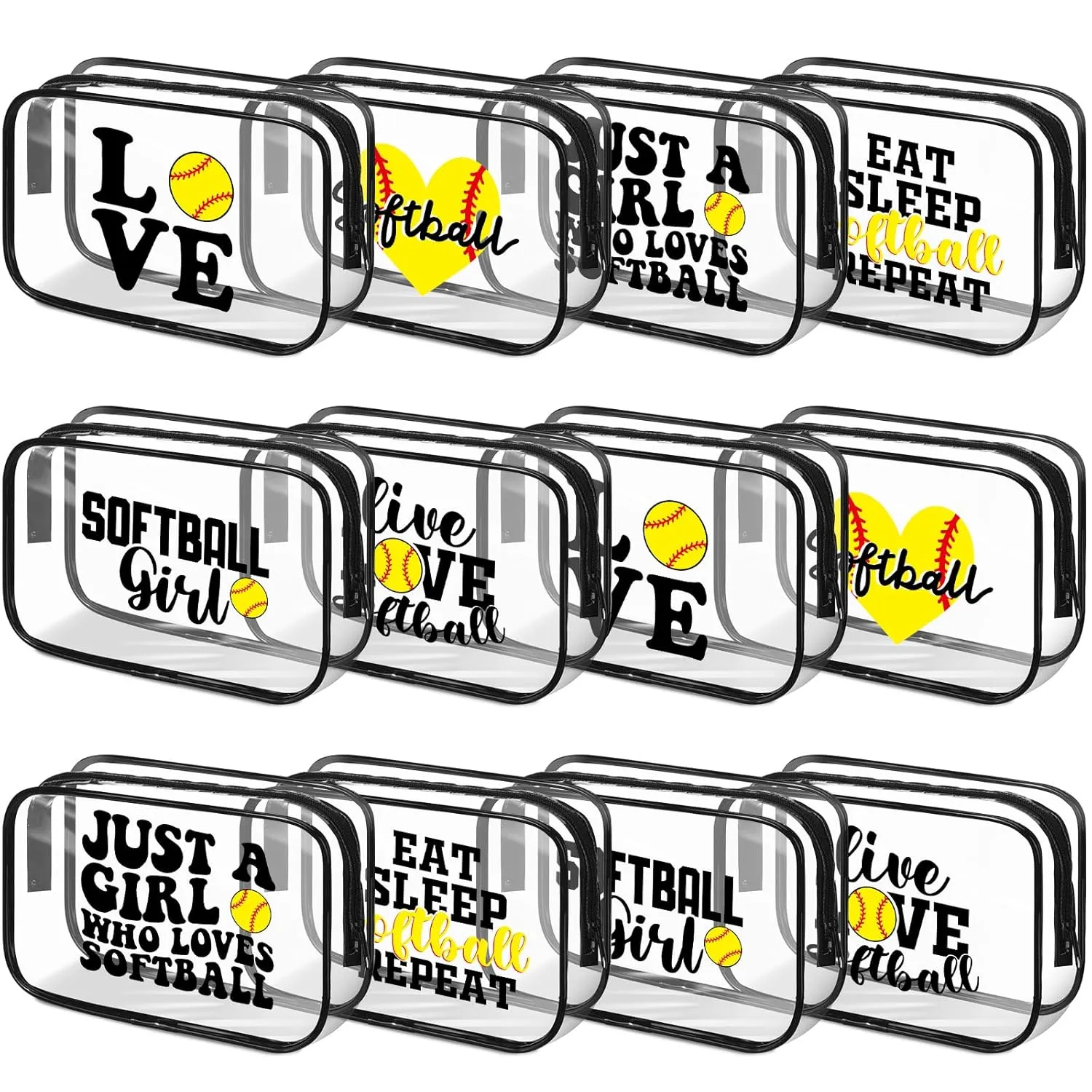 Reginary 12 Pcs 7 x 4.7 x 2.4'' Softball Makeup Bag Softball Gifts for Team Clear PVC Softball Cosmetic Case Softball Goodie Bag Stuffers Accessories for Woman Toiletry Zipper Pouch Team Party Favors
