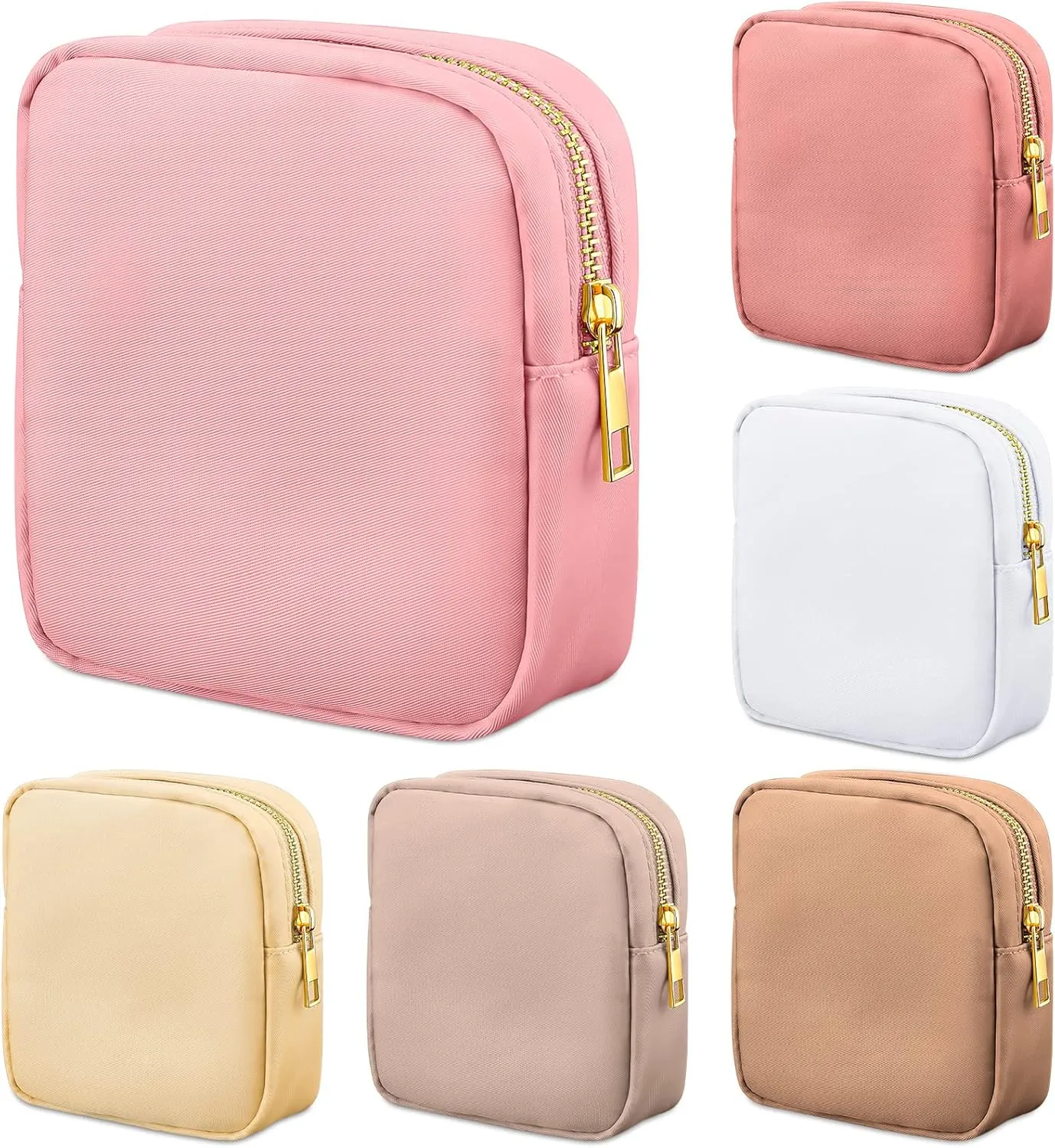 Remerry 6 Pcs Nylon Cosmetic Bag Travel Make up Pouch Toiletry with Zipper Preppy Makeup Bag Waterproof Organizer Case Set for Women Girls(4.7 x 5.1 x 2 Inches,Pink, Brown)