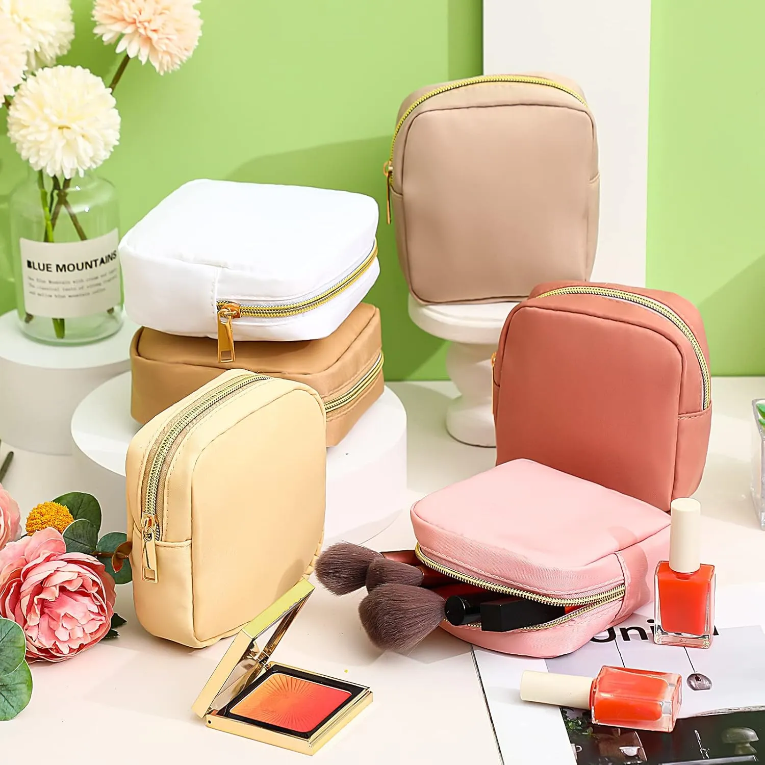 Remerry 6 Pcs Nylon Cosmetic Bag Travel Make up Pouch Toiletry with Zipper Preppy Makeup Bag Waterproof Organizer Case Set for Women Girls(4.7 x 5.1 x 2 Inches,Pink, Brown)