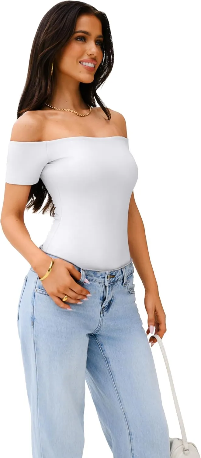 REORIA Women Sexy Off The Shoulder Short Sleeve Backless Basic Double Lined Thong Bodysuit Tops