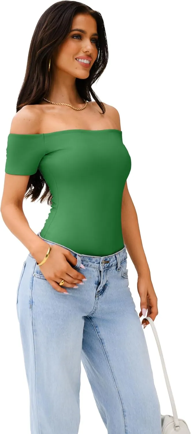 REORIA Women Sexy Off The Shoulder Short Sleeve Backless Basic Double Lined Thong Bodysuit Tops