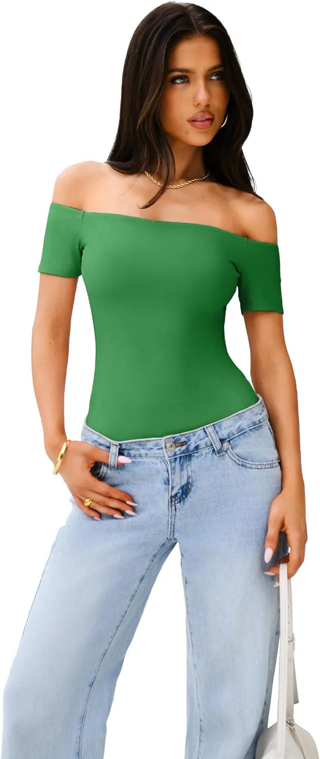 REORIA Women Sexy Off The Shoulder Short Sleeve Backless Basic Double Lined Thong Bodysuit Tops