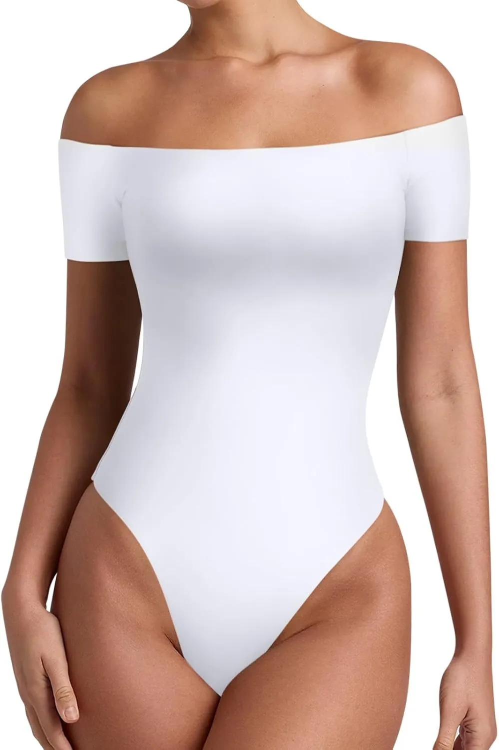 REORIA Women Sexy Off The Shoulder Short Sleeve Backless Basic Double Lined Thong Bodysuit Tops