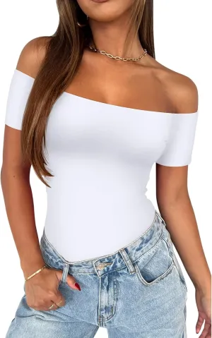 REORIA Women Sexy Off The Shoulder Short Sleeve Backless Basic Double Lined Thong Bodysuit Tops