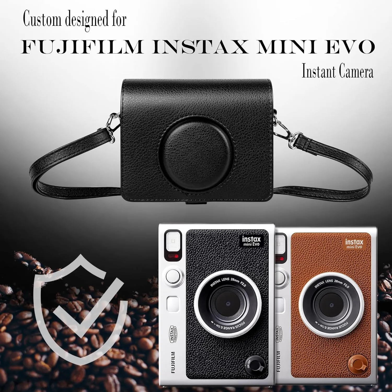 Rieibi Mini EVO Case - Vintage PU Leather Protective Case for Fuji Instax Mini EVO Instant Camera - Removable Case with Adjustable Shoulder Strap Battery Charging Port - Black
