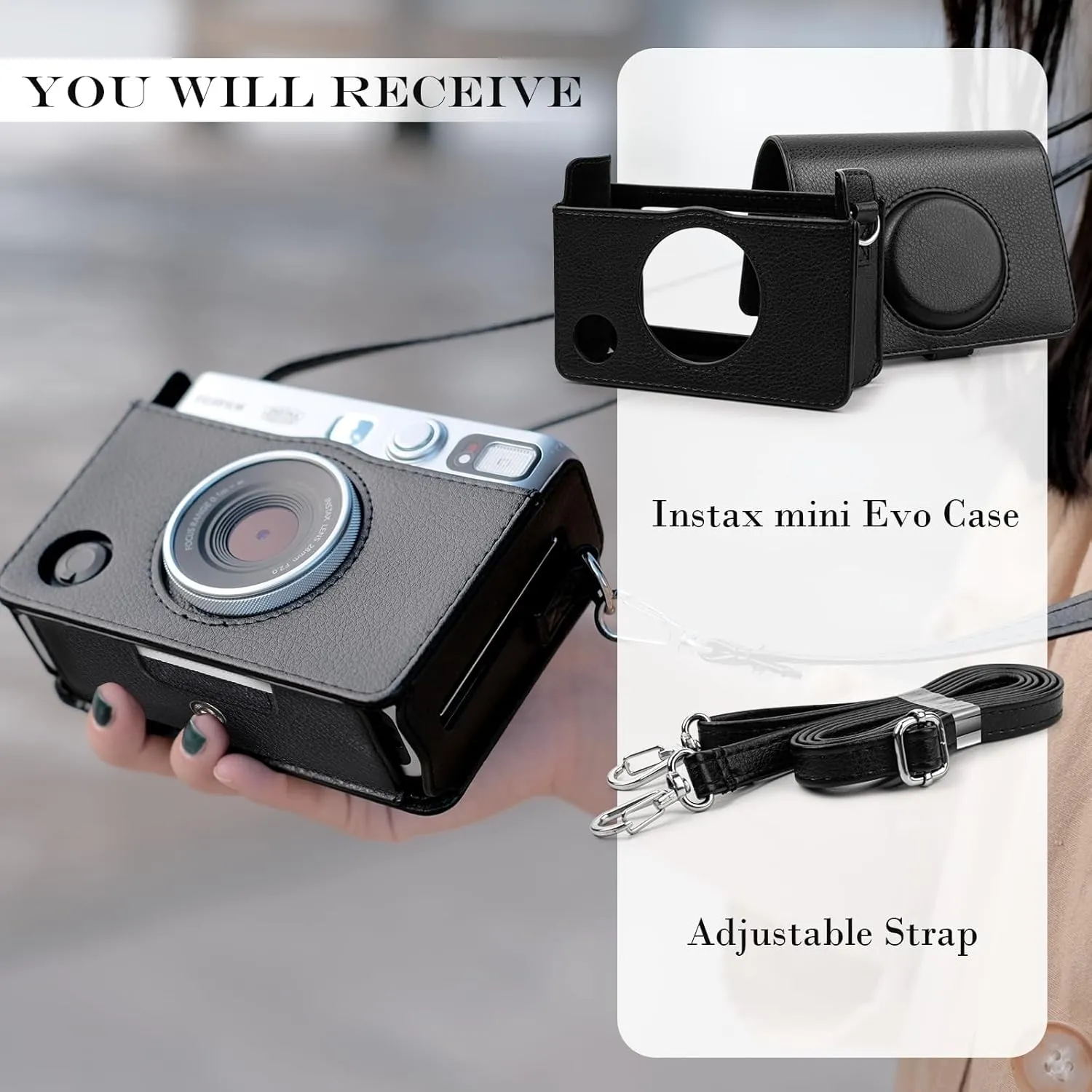 Rieibi Mini EVO Case - Vintage PU Leather Protective Case for Fuji Instax Mini EVO Instant Camera - Removable Case with Adjustable Shoulder Strap Battery Charging Port - Black