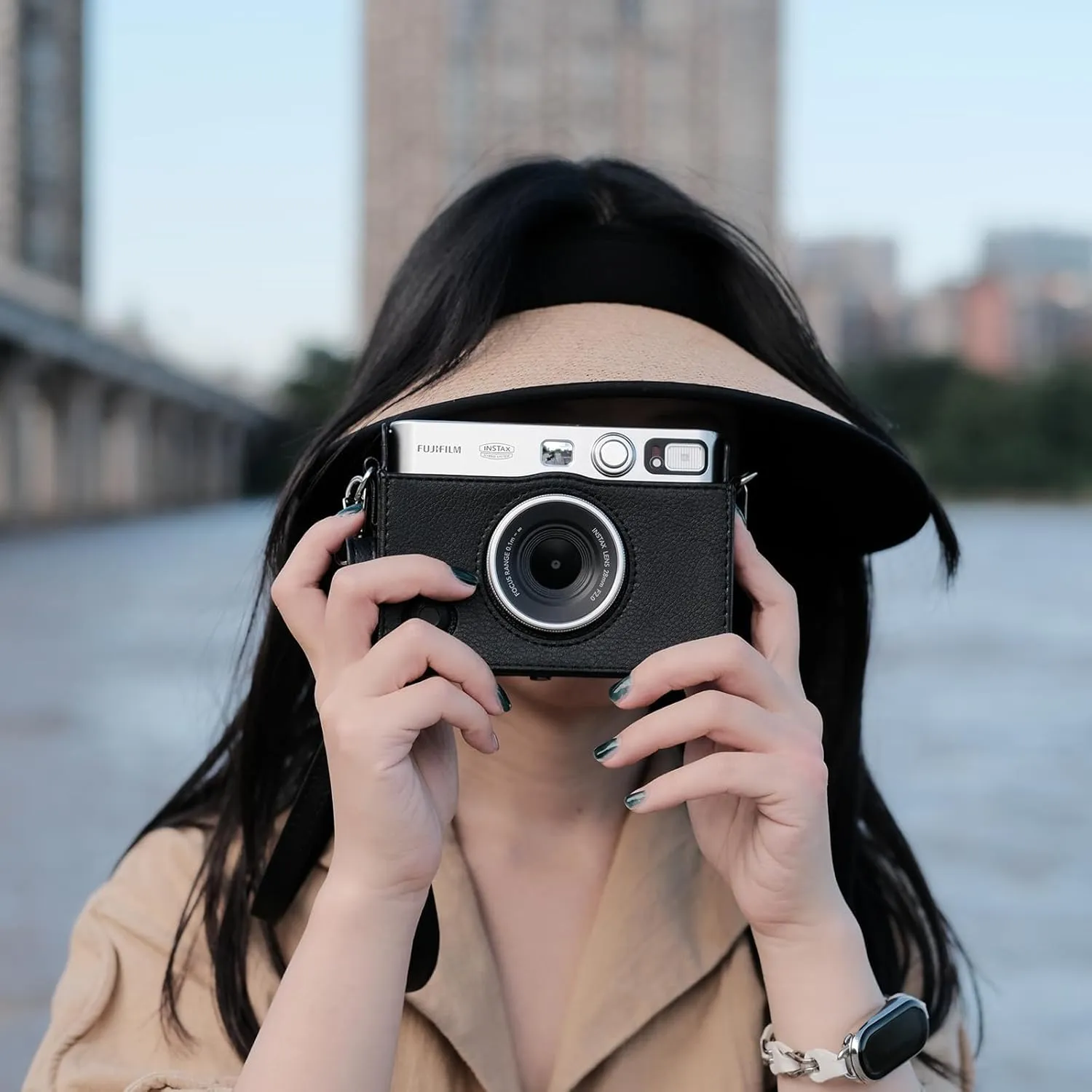 Rieibi Mini EVO Case - Vintage PU Leather Protective Case for Fuji Instax Mini EVO Instant Camera - Removable Case with Adjustable Shoulder Strap Battery Charging Port - Black