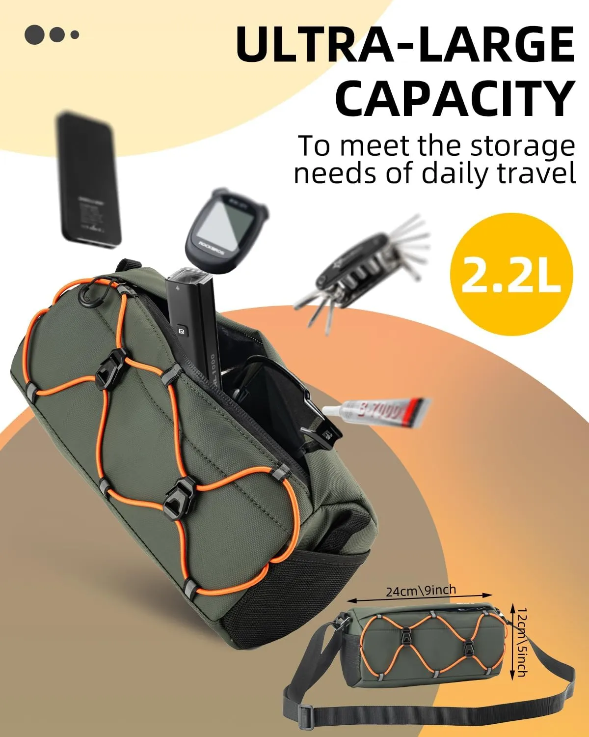 ROCKBROS Bike Handlebar Bag, 2.2L Bicycle Handle Bar Bag Portable Bike Front Bag Handlebar Storage Bag with Shoulder Strap
