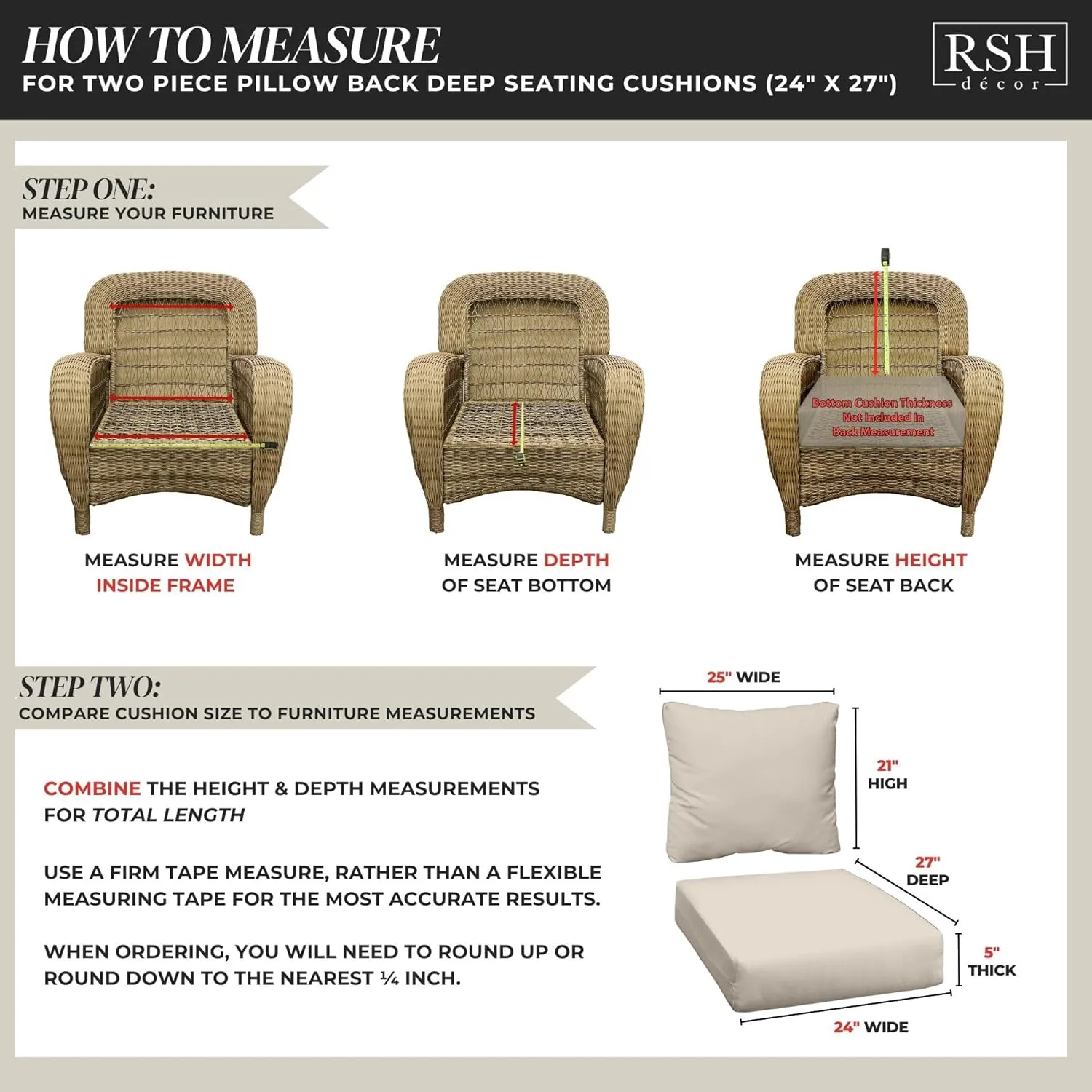 RSH DECOR: Sunbrella Deep Seating Cushion with Pillow Back | 24” x 27” Seat | Water and Fade-Resistant Performance Fabric | Outdoor Chair Cushion Set for Patio Furniture | Canvas Black