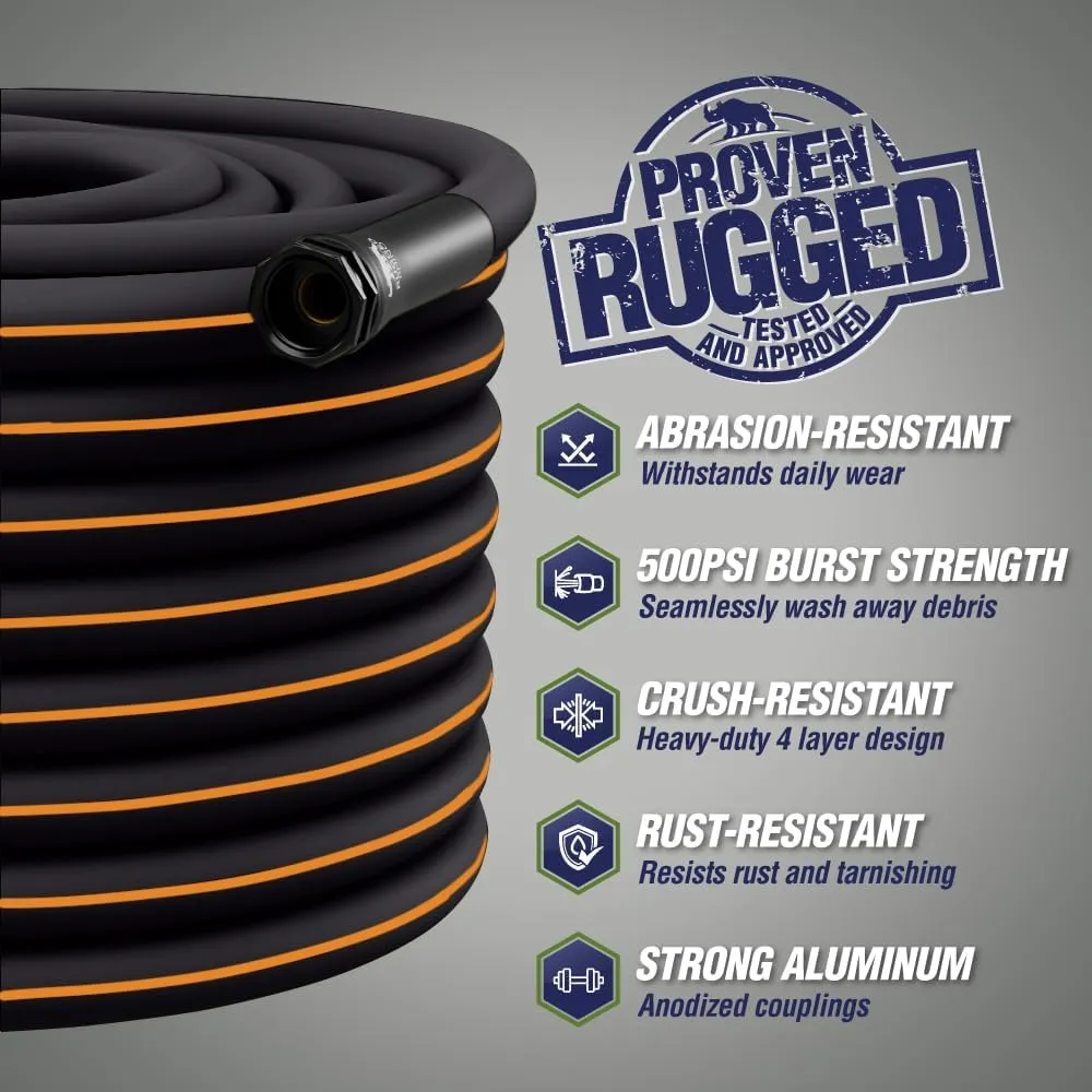 Rugged Rhino Heavy Duty Flexible Light Weight Garden Hose, 50ft x 5/8in, 4 Layer Leakproof Outdoor Gardening Tools, Watering Supplies, Powerful Water Pressure for Lawn, Flowers, Black Orange