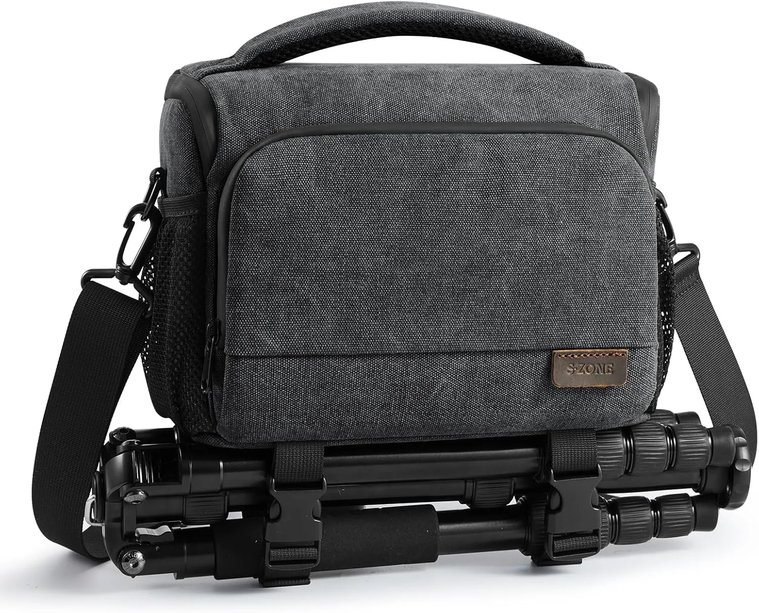 S-ZONE Camera Bags for Photographers Small Crossbody Shoulder Bag DSLR SLR Mirrorless Camera Case with Tripod Holder Waterproof Zipper Black
