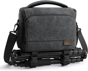 S-ZONE Camera Bags for Photographers Small Crossbody Shoulder Bag DSLR SLR Mirrorless Camera Case with Tripod Holder Waterproof Zipper Black