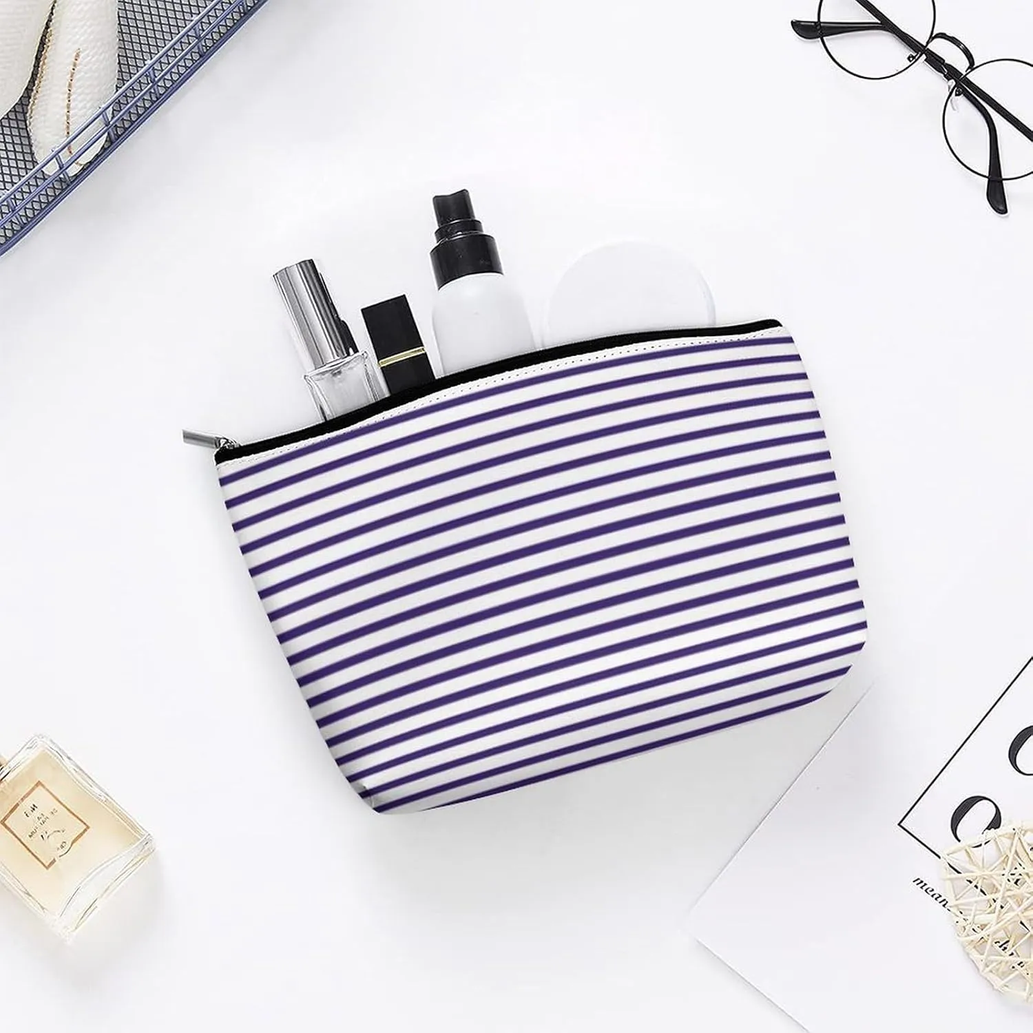 Sailor Stripes Navy Blue and White Cosmetic Bag, Travel Portable Makeup Bag for Purse Pouch Beauty Zipper Organizer Toiletry Bag for Women