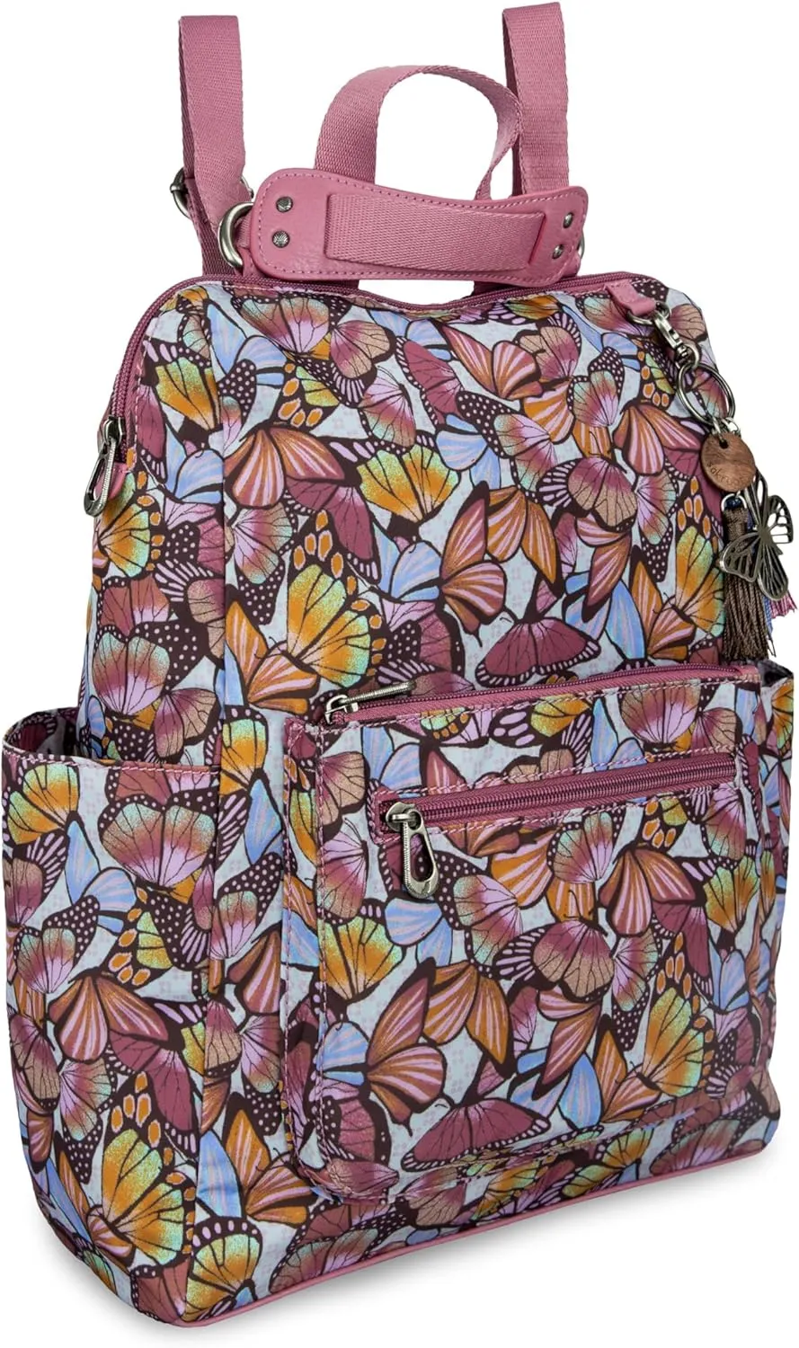 Sakroots Women's Loyola Convertible Backpack, Mulberry Butterfly Bloom, 10.75IN x 4.75IN x 15IN