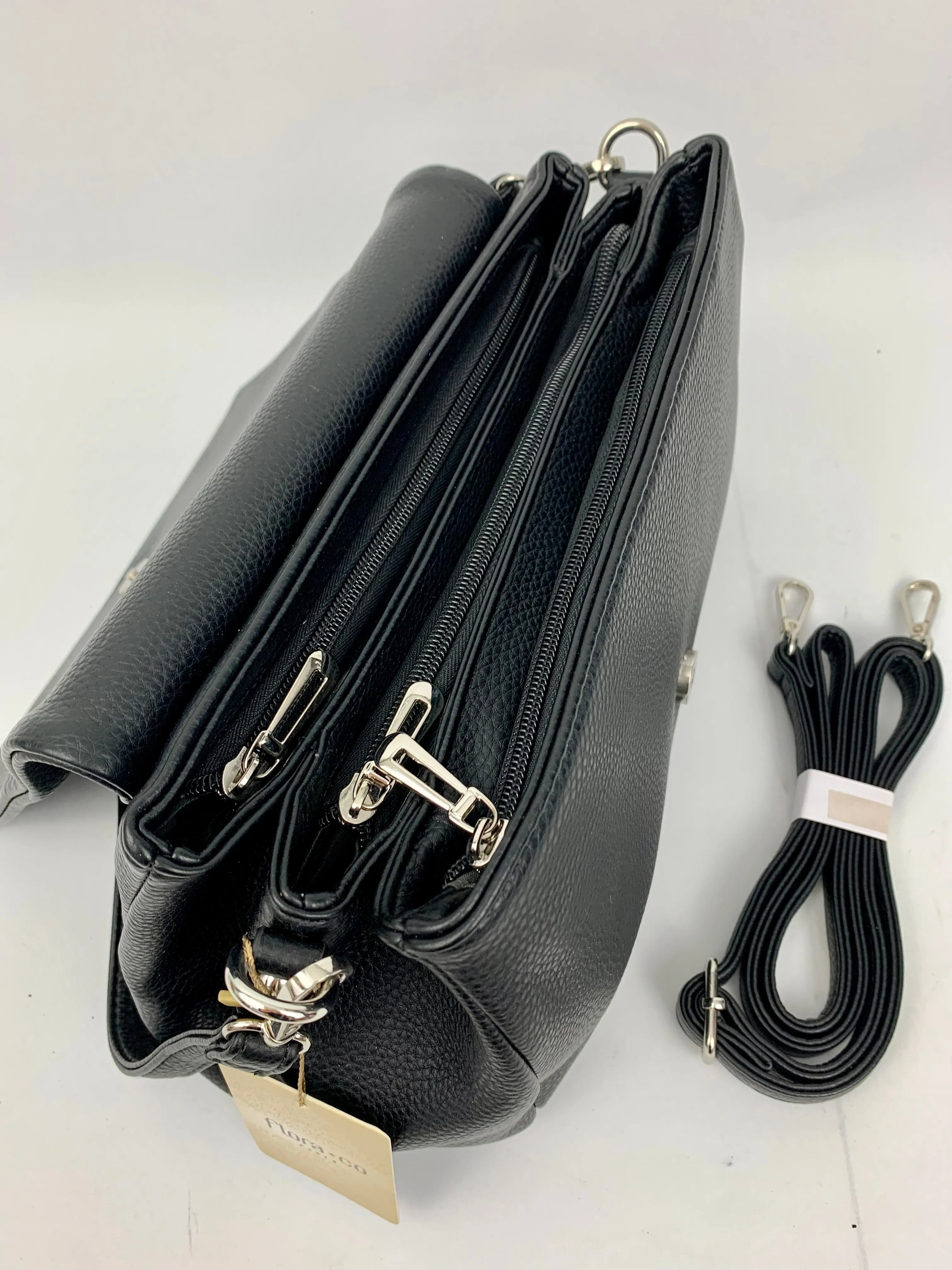 SAN REMO BLACK - triple compartment faux leather crossbody/ shoulder handbag