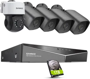 SANNCE 8 Channel Security CCTV Camera System 1080P, 2MP CCTV DVR with 1TB Hard Drive, 4X 1080P Bullet Surveillance Cameras, 1x PT Digital Zoom Dome Camera, Outdoor/Indoor Email & APP Alert