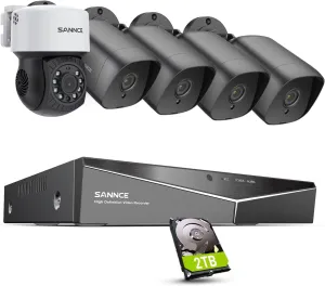 SANNCE 8 Channel Security CCTV Camera System 1080P, 2MP CCTV DVR with 2TB Hard Drive, 4X 1080P Bullet Surveillance Cameras, 1x PT Digital Zoom Dome Camera, Outdoor/Indoor Email & APP Alert