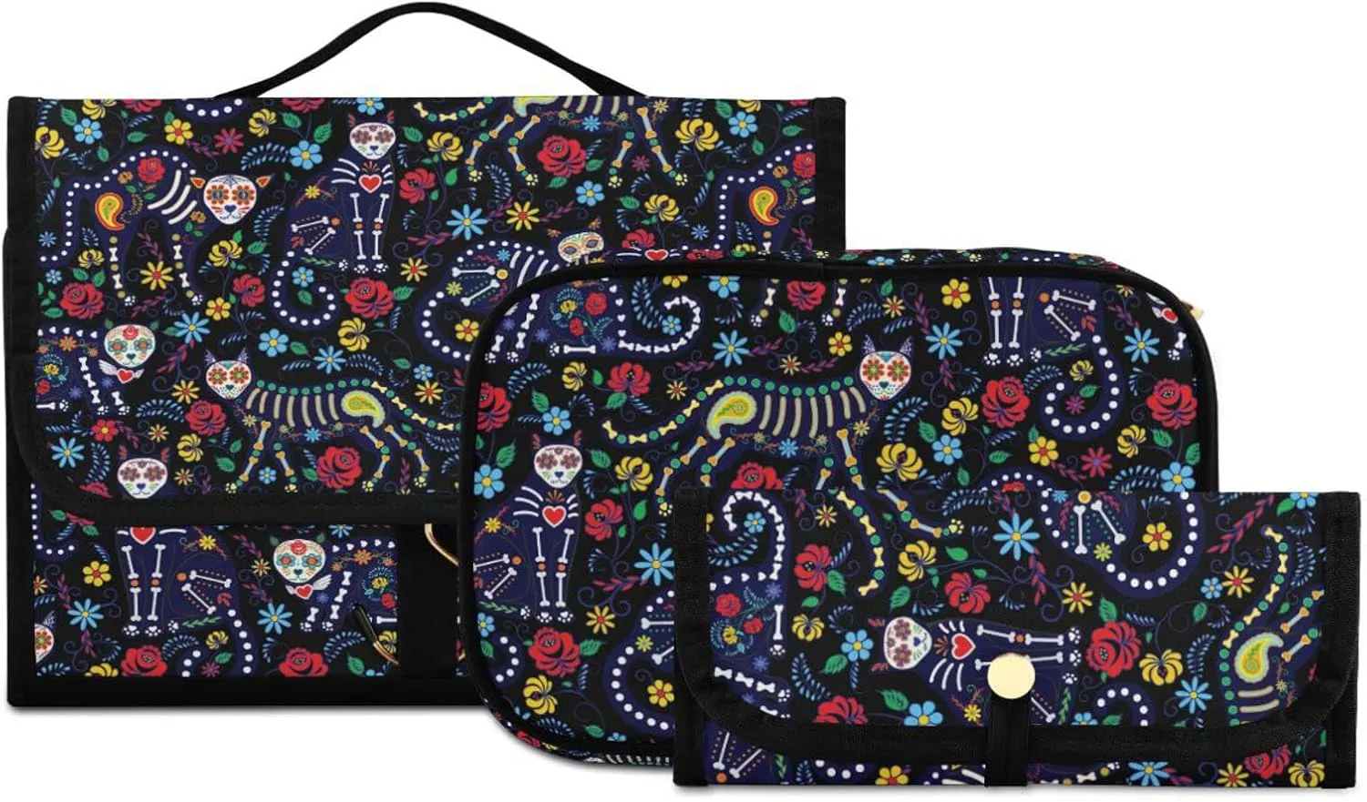 senya Cat Skull with Flowers Toiletry Bag Hanging Travel Makeup Bag 3 PCS, Portable Makeup Organizer Cosmetic Bag Clear