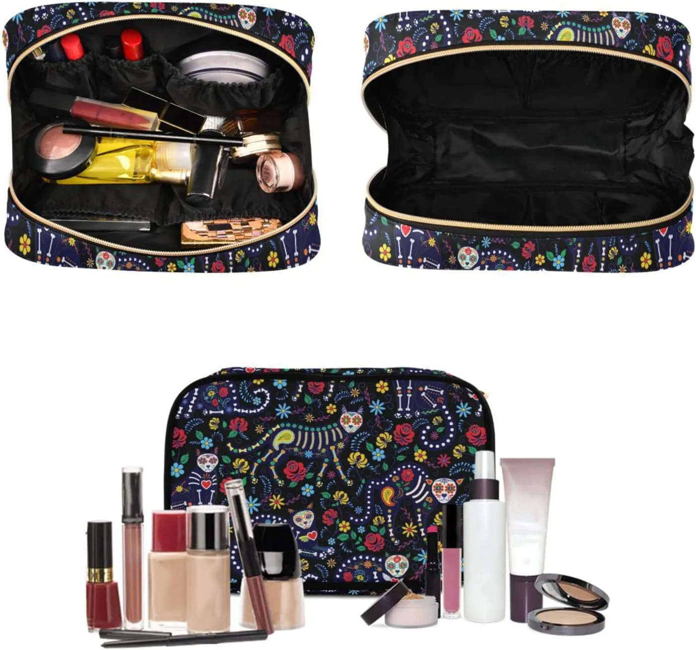 senya Cat Skull with Flowers Toiletry Bag Hanging Travel Makeup Bag 3 PCS, Portable Makeup Organizer Cosmetic Bag Clear