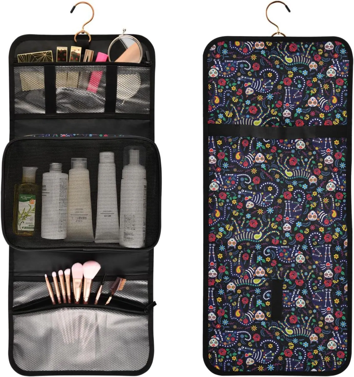 senya Cat Skull with Flowers Toiletry Bag Hanging Travel Makeup Bag 3 PCS, Portable Makeup Organizer Cosmetic Bag Clear