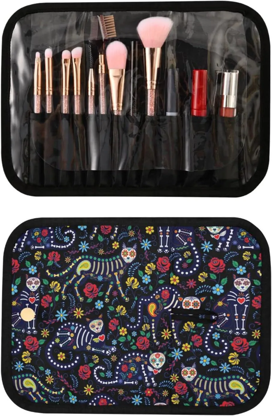 senya Cat Skull with Flowers Toiletry Bag Hanging Travel Makeup Bag 3 PCS, Portable Makeup Organizer Cosmetic Bag Clear