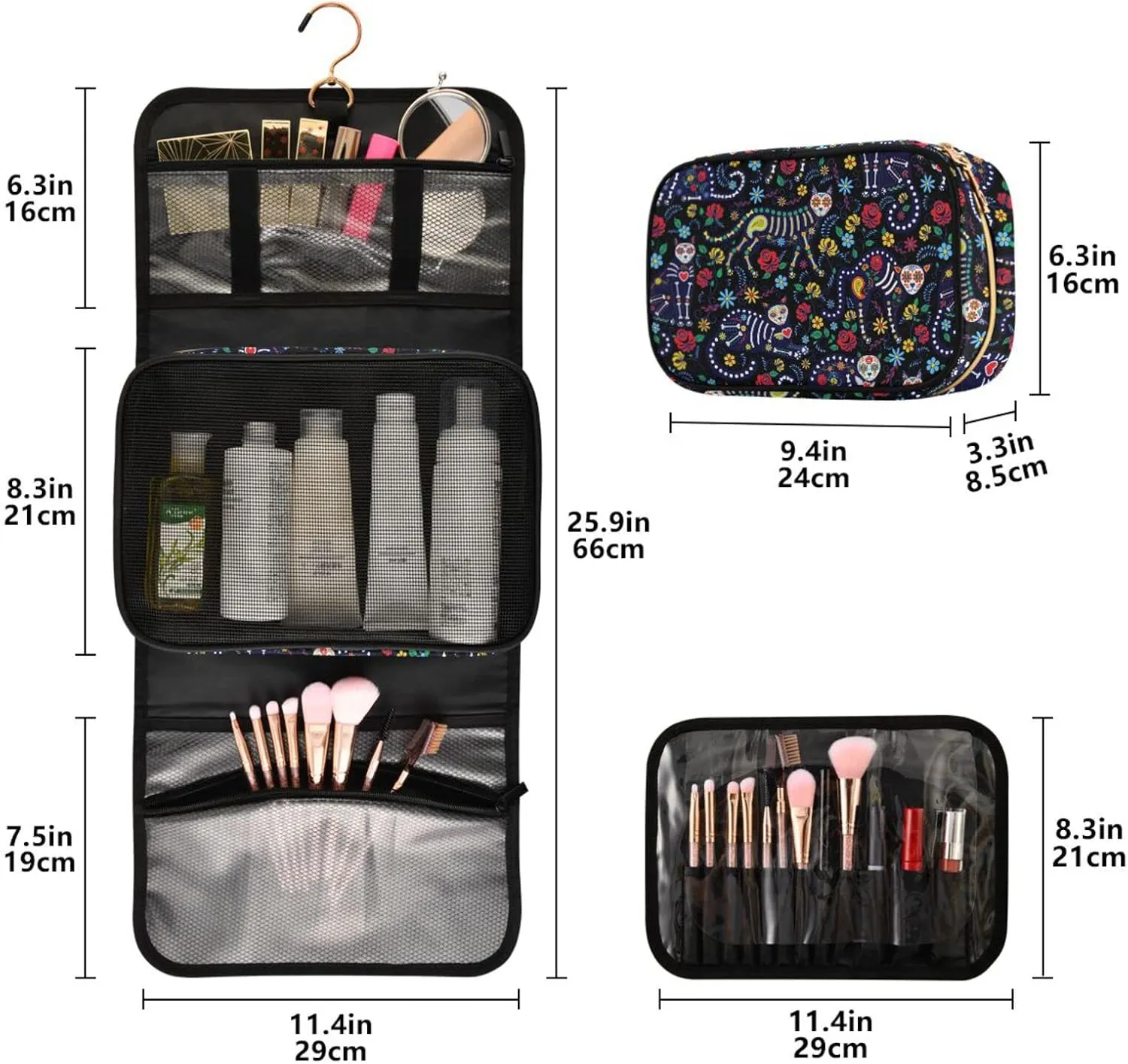 senya Cat Skull with Flowers Toiletry Bag Hanging Travel Makeup Bag 3 PCS, Portable Makeup Organizer Cosmetic Bag Clear
