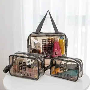 Set Of 3 Dream Travel Pouch, Transparent Oriented Makeup Bag, Carry Travel Zippered Pouch Bag, Waterproof, Portable Travel Cosmetics Pouch, Multifunctional PVC Zip Toiletry Carry Pouch