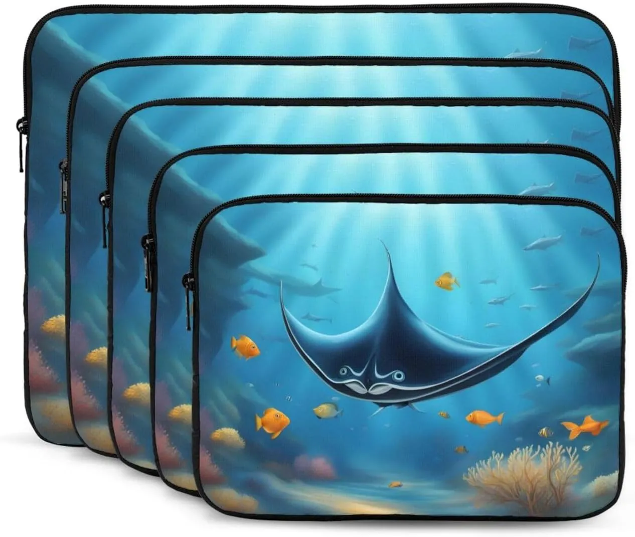 Shockproof Portable Laptop Sleeve Bag - for Trip, Travel, Office, Daily Use - for Men and Women Manta Ray and Fish Prints