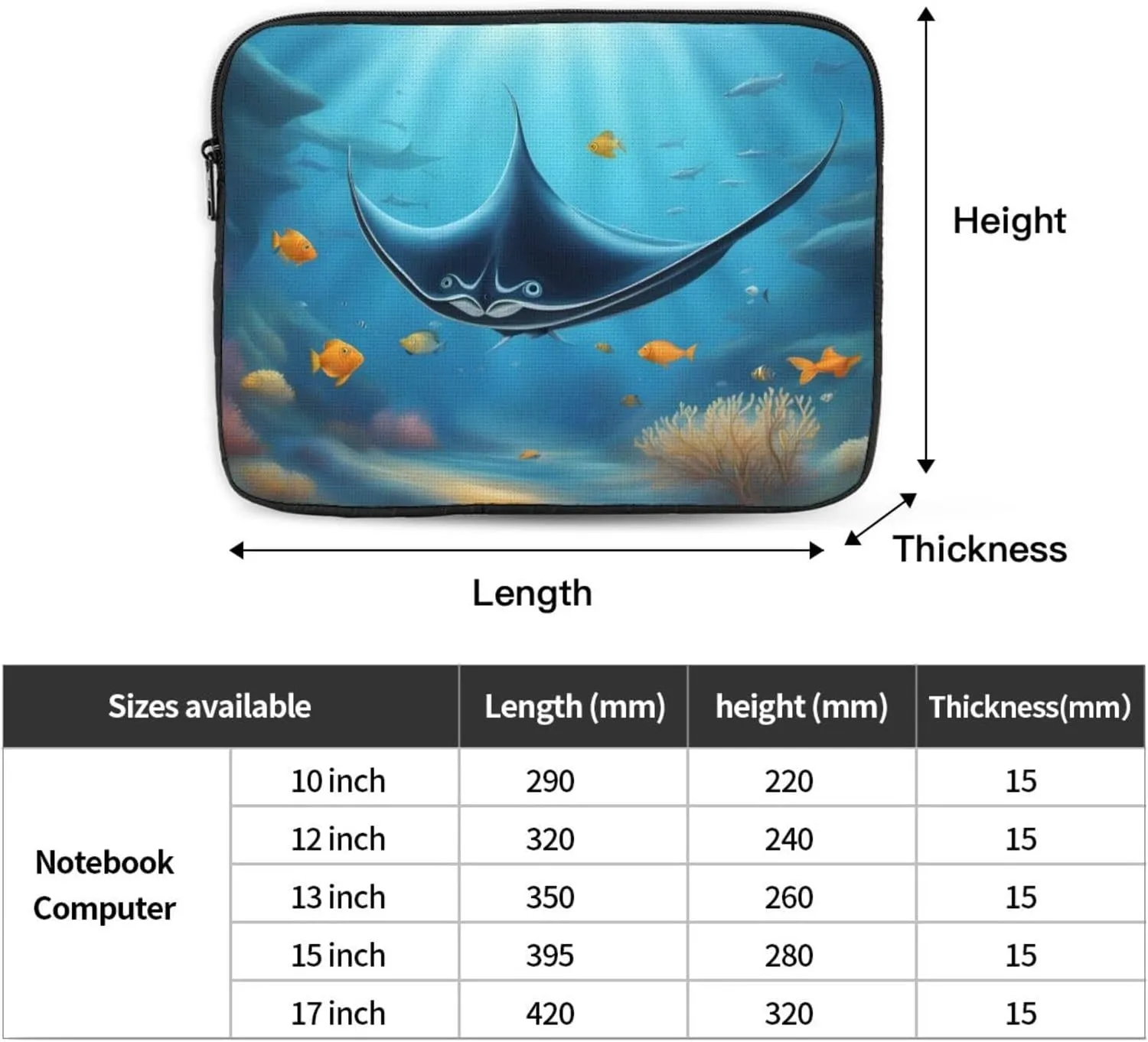 Shockproof Portable Laptop Sleeve Bag - for Trip, Travel, Office, Daily Use - for Men and Women Manta Ray and Fish Prints
