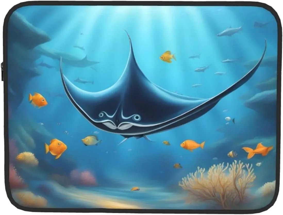Shockproof Portable Laptop Sleeve Bag - for Trip, Travel, Office, Daily Use - for Men and Women Manta Ray and Fish Prints