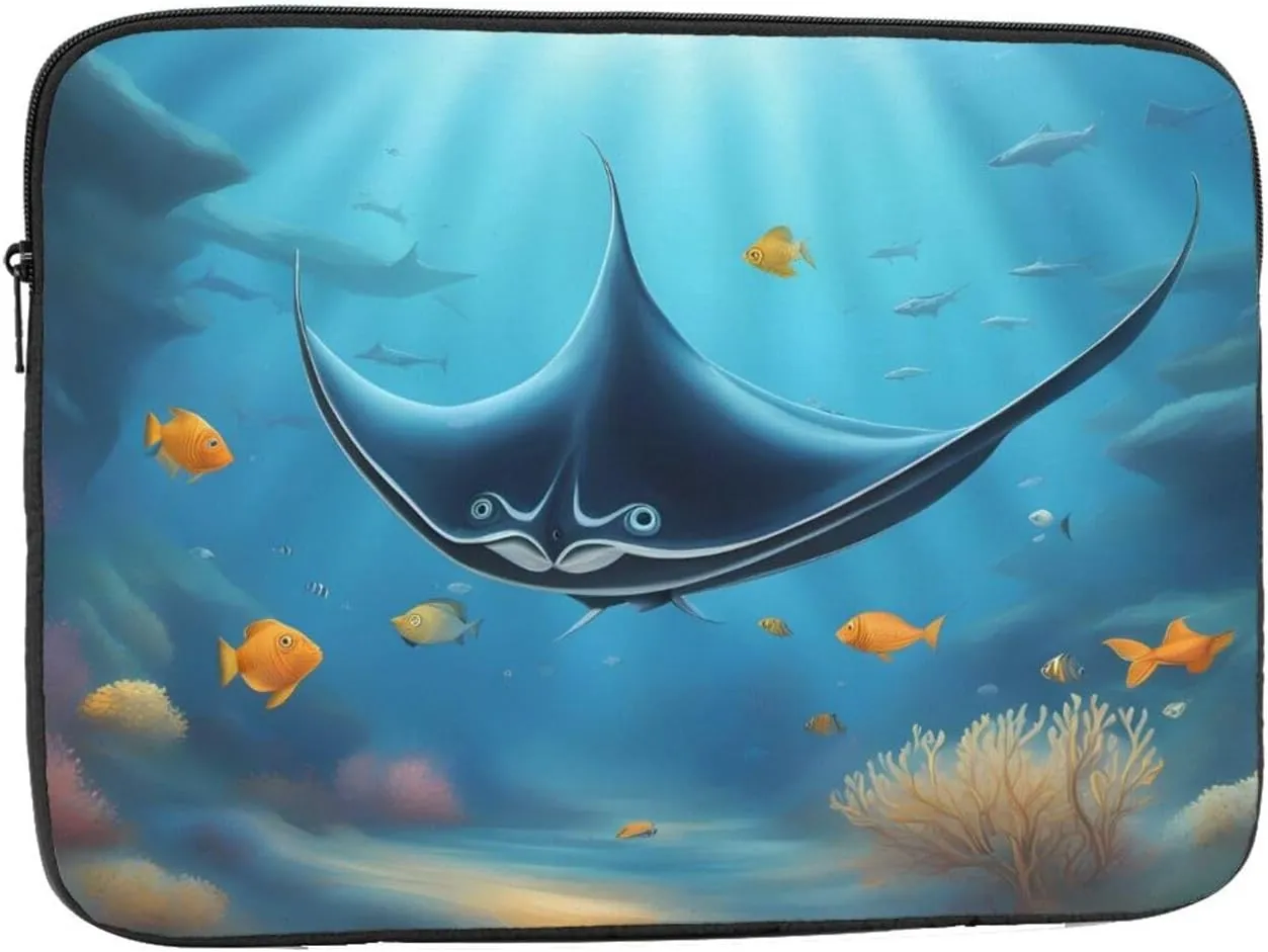 Shockproof Portable Laptop Sleeve Bag - for Trip, Travel, Office, Daily Use - for Men and Women Manta Ray and Fish Prints