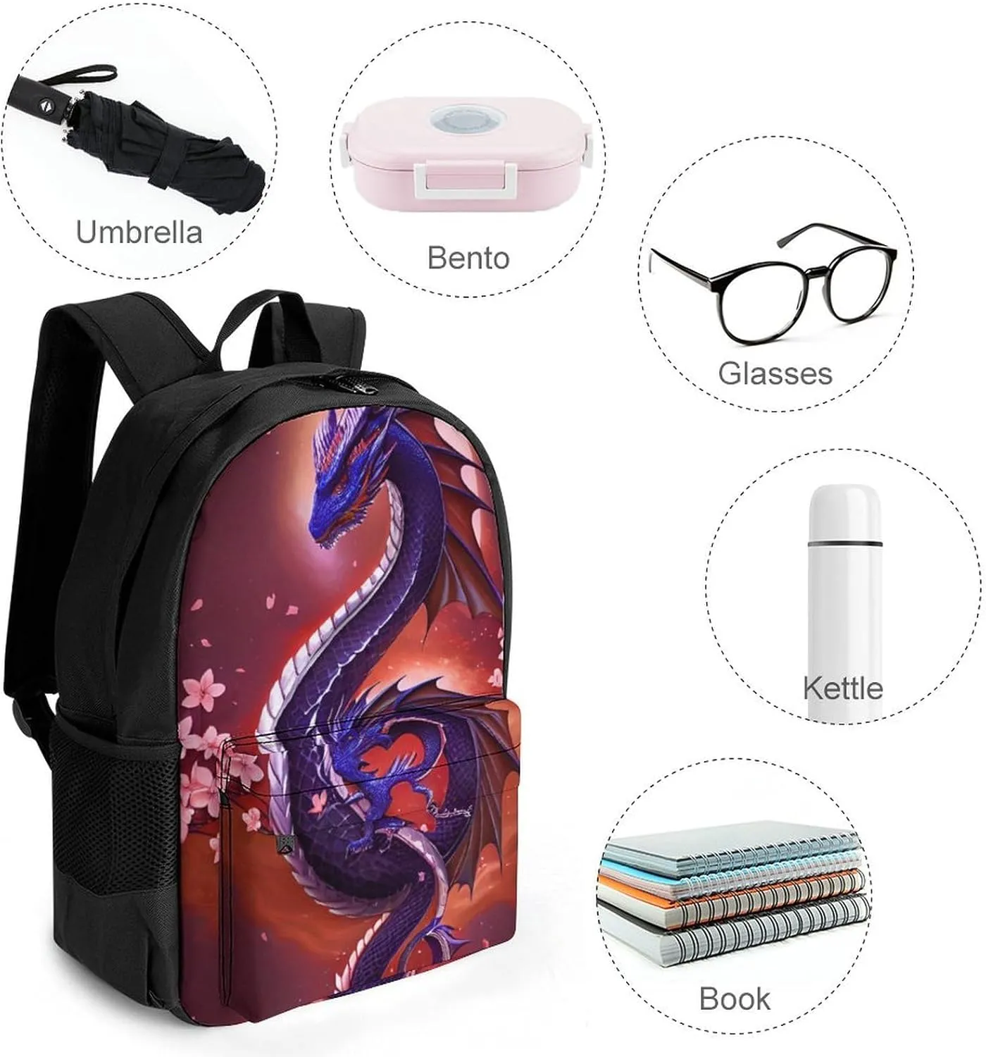 Shoulder Book Bags Anti-Theft Multipurpose Big Capacity Bookbag - Romantic Dragon Cherry Flowers Art Travel Hiking Backpack With Smooth Zippers