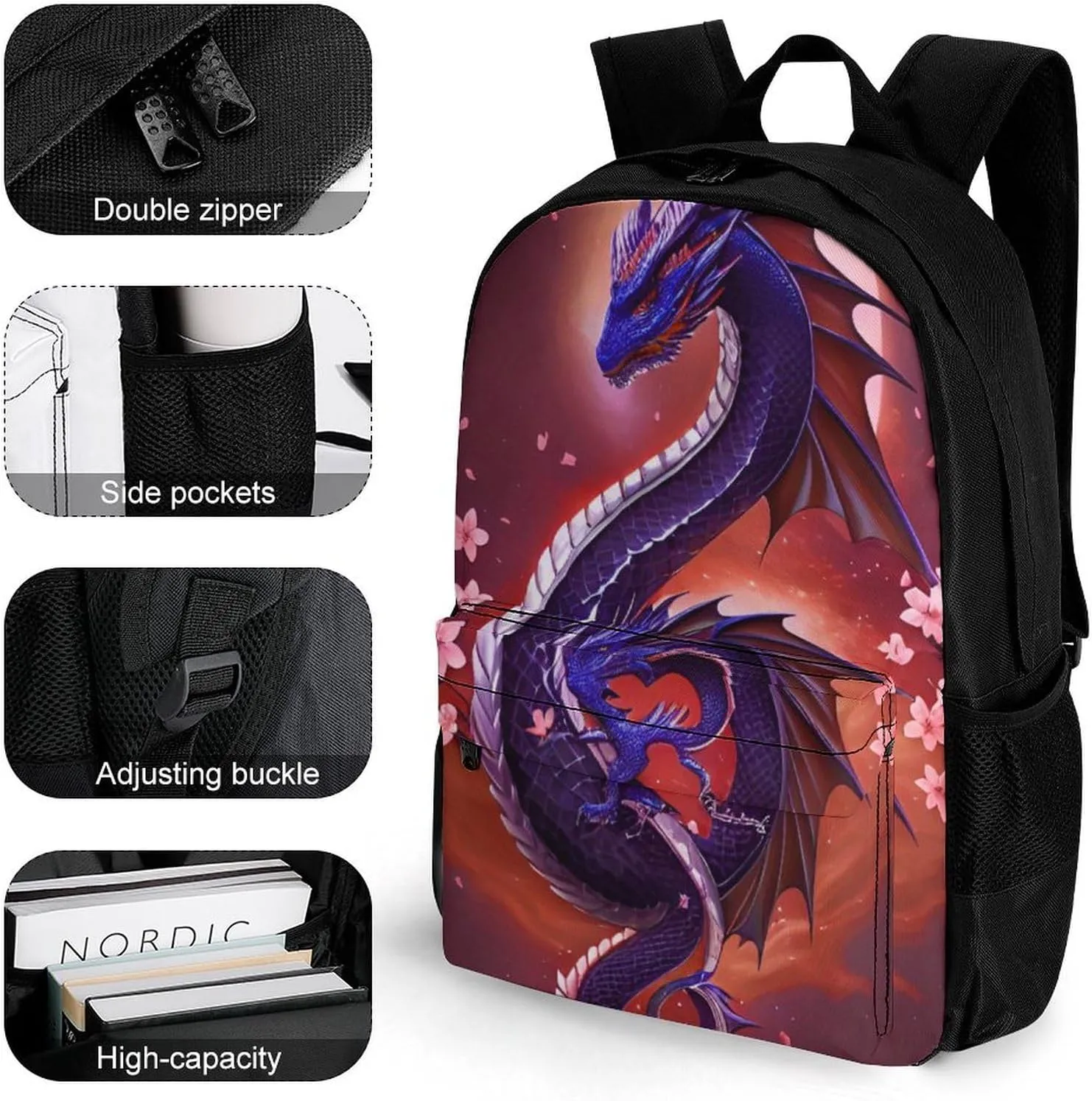 Shoulder Book Bags Anti-Theft Multipurpose Big Capacity Bookbag - Romantic Dragon Cherry Flowers Art Travel Hiking Backpack With Smooth Zippers