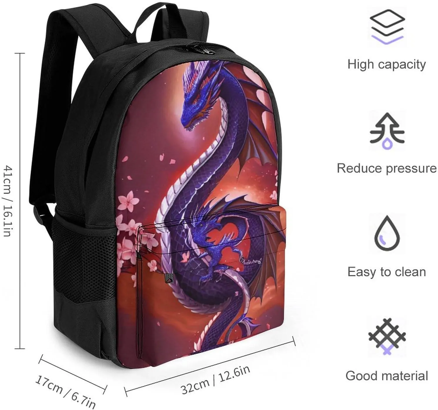 Shoulder Book Bags Anti-Theft Multipurpose Big Capacity Bookbag - Romantic Dragon Cherry Flowers Art Travel Hiking Backpack With Smooth Zippers