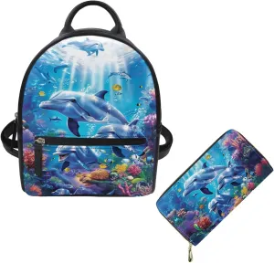 Showudesigns Dolphin Mini Backpack Purse for Women Shoulder Bag Zipper Back Pack Daypack Travel Accessories Handbags Stuff Sack Tote Bags for Travel Shopping Backpacks Wallet Set Of 2