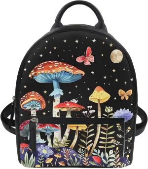 Showudesigns Mushroom Backpack for Women Teen Girls Purse Small Leather Backpack Womens Shoulder Bag Mini Daypack for Travel Party Favor Beach Sackpack Daypack Moon and Star Back Pack