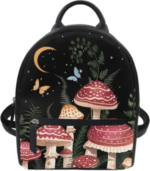 Showudesigns Mushroom Mini Backpack Purse for Women Teen Girls Shoulder Bag Butterfly Moon Night Daypack Small Travel Shopping Bag Handbag Tote Black
