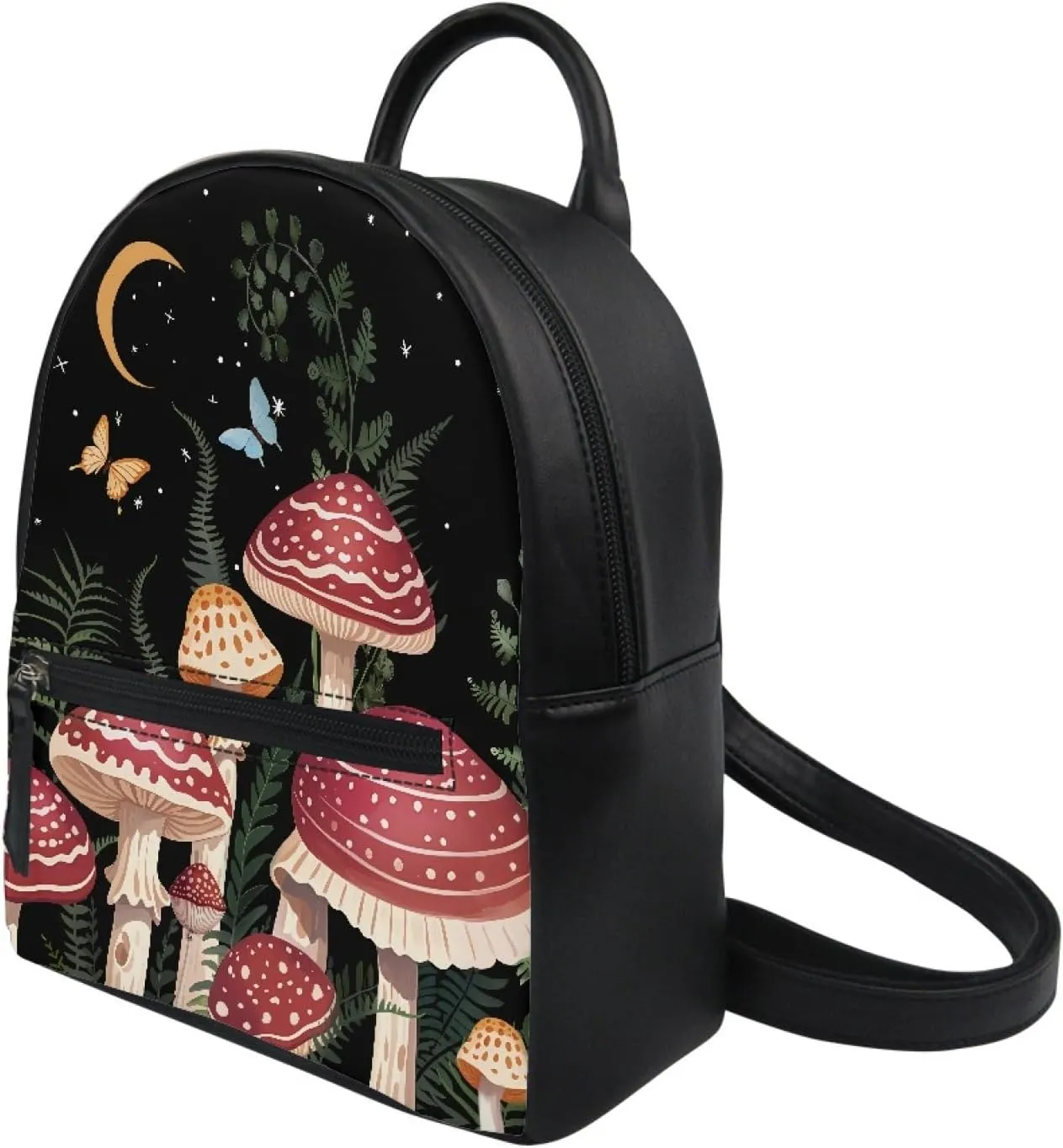 Showudesigns Mushroom Mini Backpack Purse for Women Teen Girls Shoulder Bag Butterfly Moon Night Daypack Small Travel Shopping Bag Handbag Tote Black