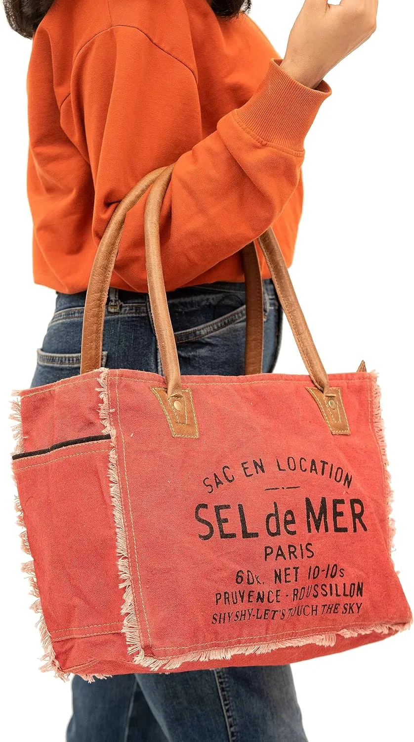 Shy Shy Bags Sel De Mer Canvas & Cowhide Tote Bag - Upcycled Radiant Leather Hand Bag
