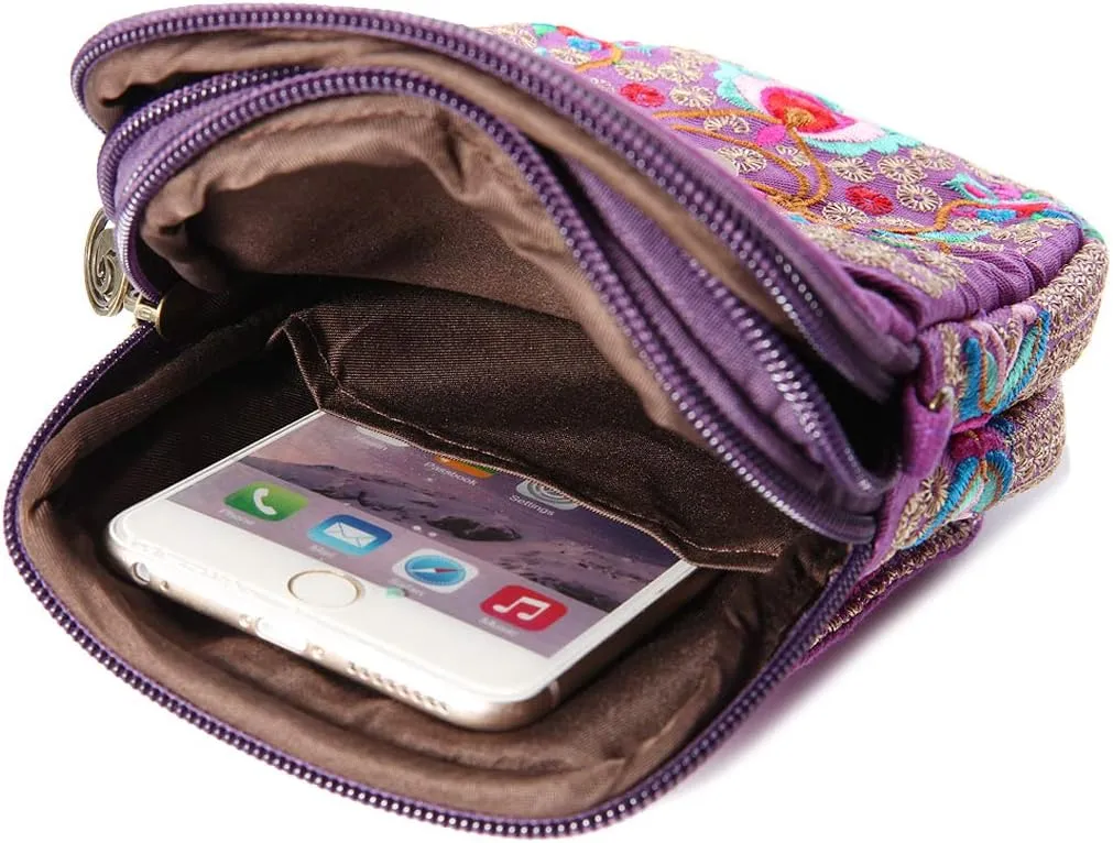 SILKAREA Embroidered Cute Mini Crossbody Bag for Women Small Handbags Wristlet Wallet Bag Cell-phone Pouch Coin Purse