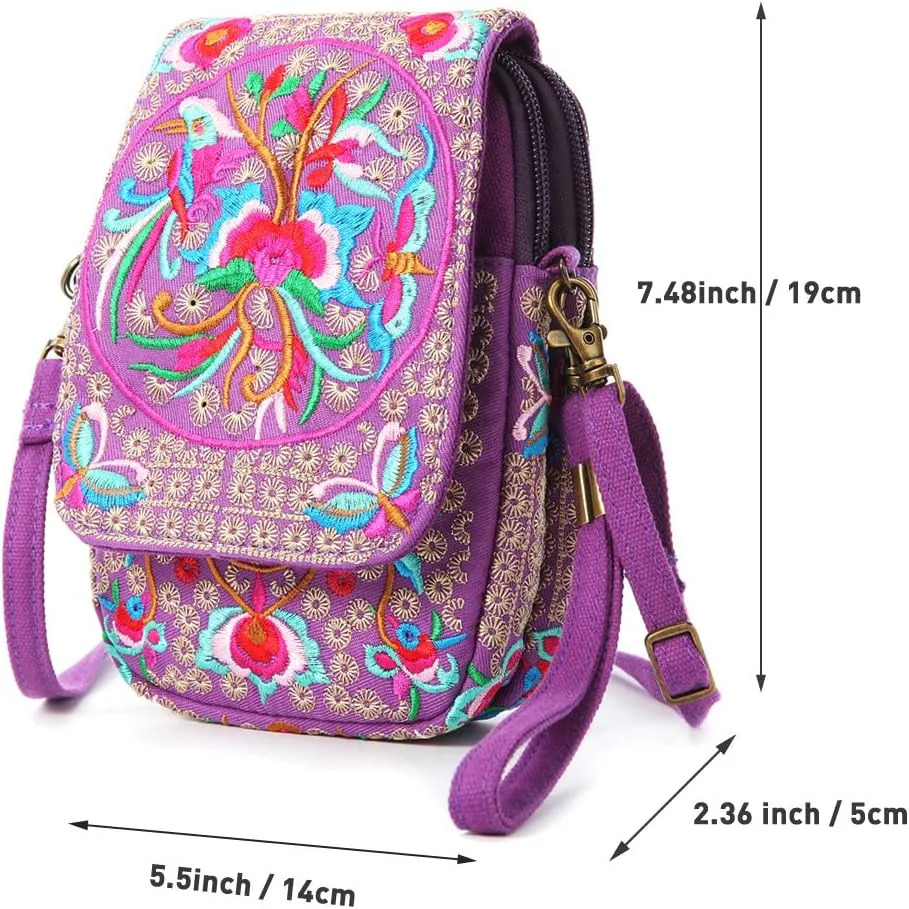 SILKAREA Embroidered Cute Mini Crossbody Bag for Women Small Handbags Wristlet Wallet Bag Cell-phone Pouch Coin Purse