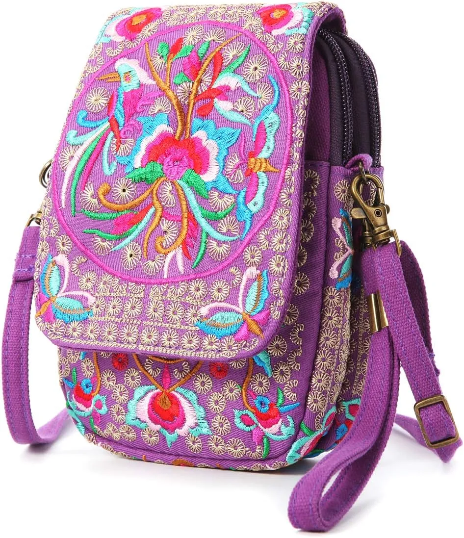SILKAREA Embroidered Cute Mini Crossbody Bag for Women Small Handbags Wristlet Wallet Bag Cell-phone Pouch Coin Purse