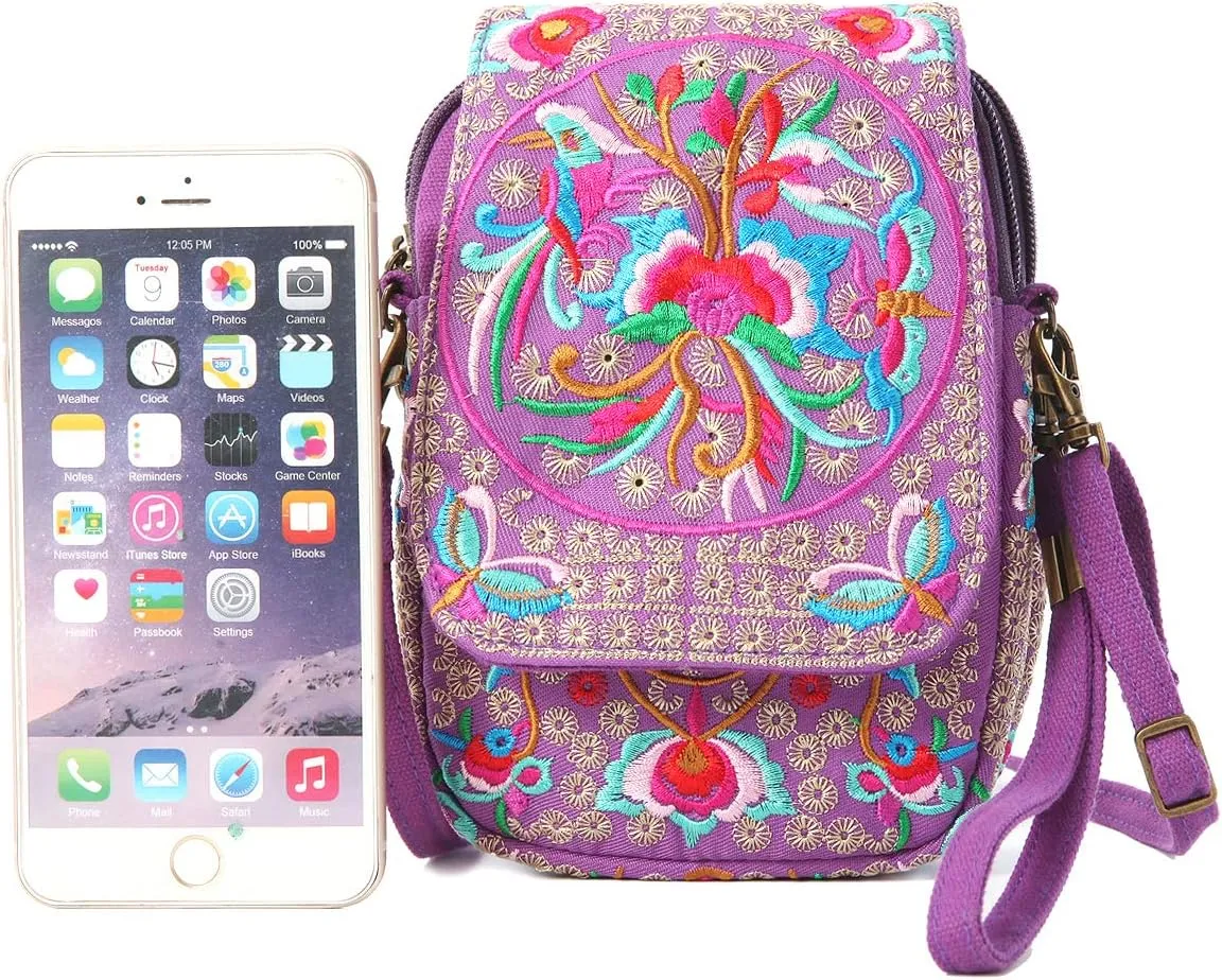 SILKAREA Embroidered Cute Mini Crossbody Bag for Women Small Handbags Wristlet Wallet Bag Cell-phone Pouch Coin Purse