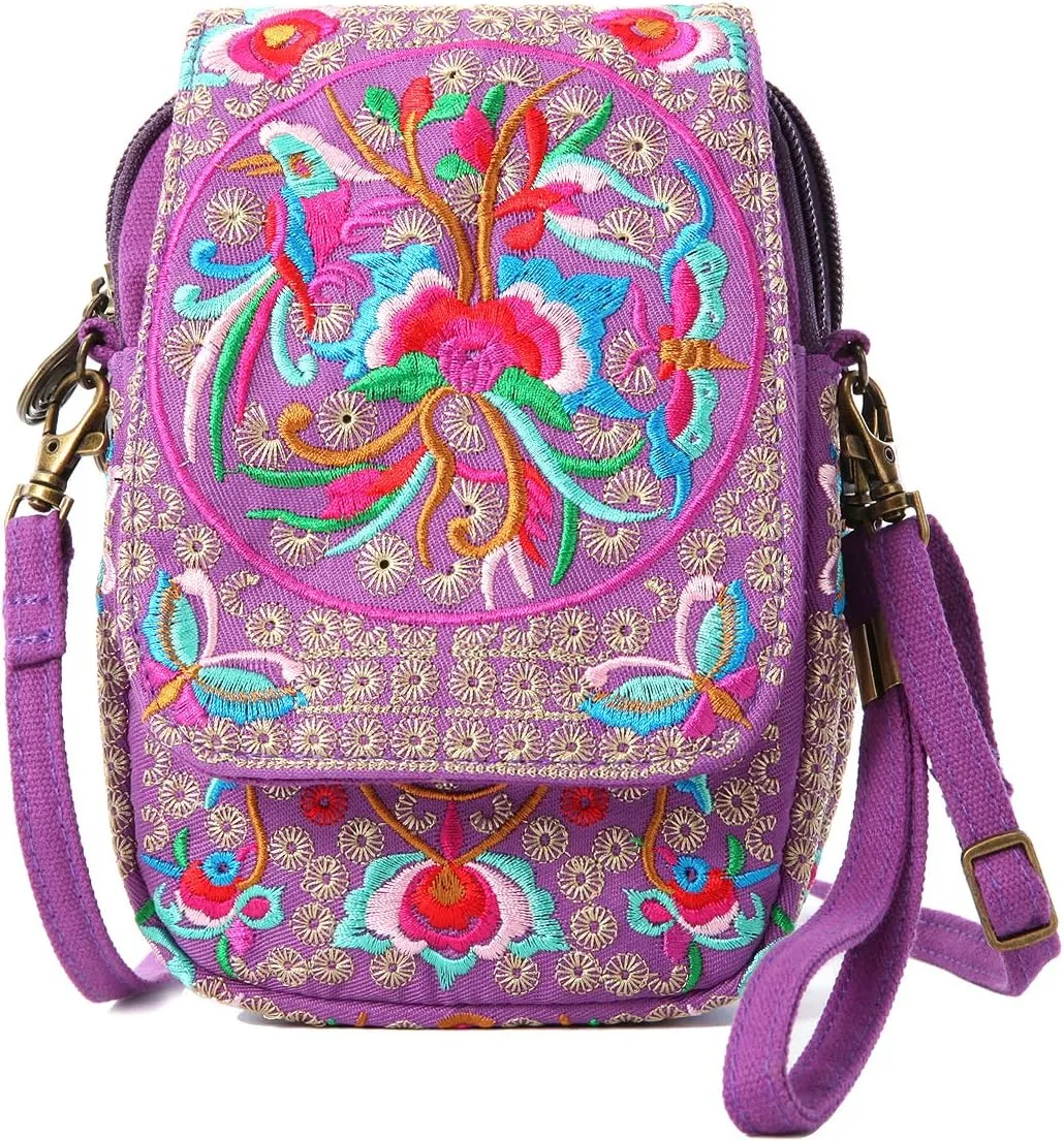 SILKAREA Embroidered Cute Mini Crossbody Bag for Women Small Handbags Wristlet Wallet Bag Cell-phone Pouch Coin Purse