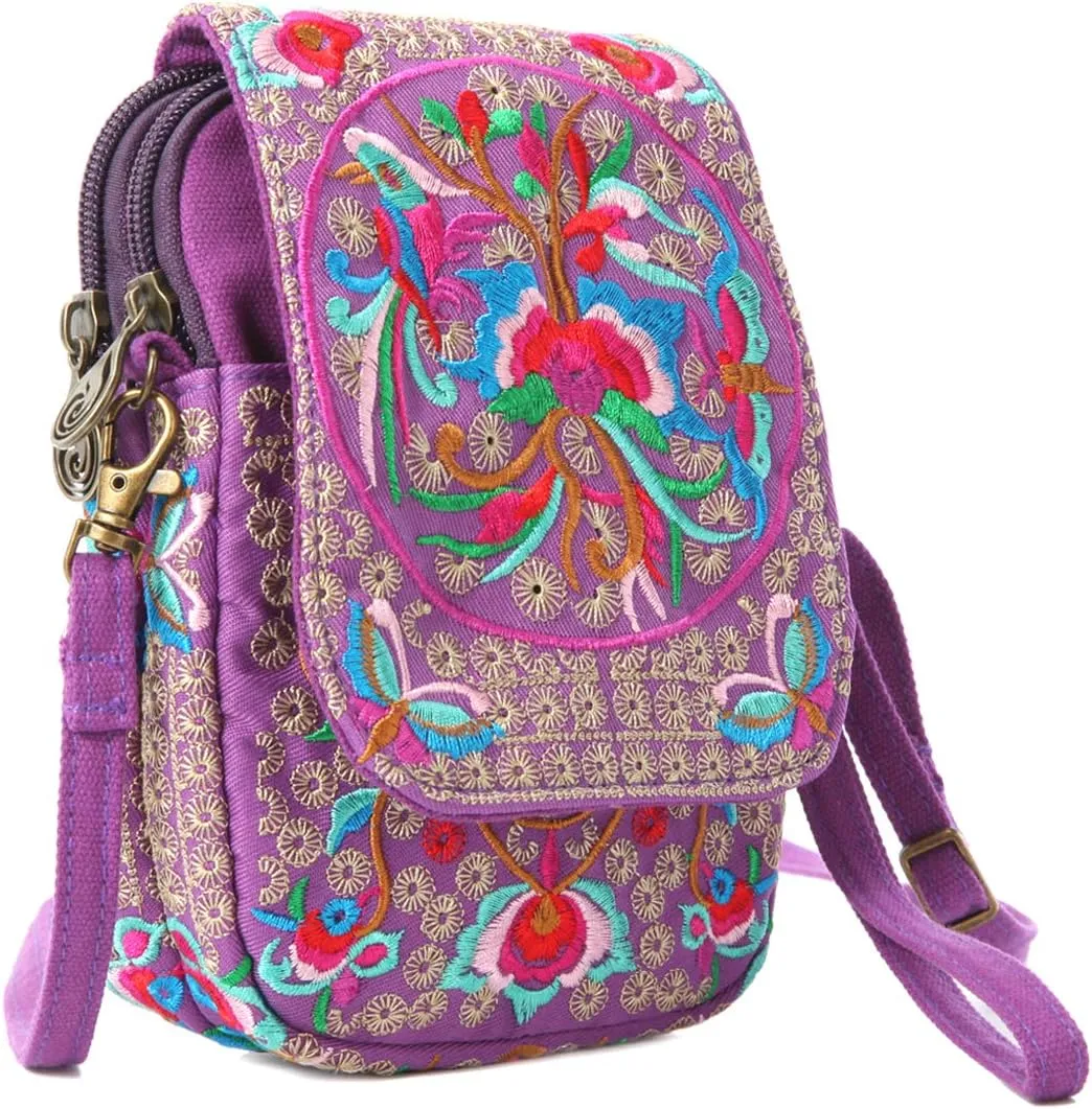 SILKAREA Embroidered Cute Mini Crossbody Bag for Women Small Handbags Wristlet Wallet Bag Cell-phone Pouch Coin Purse