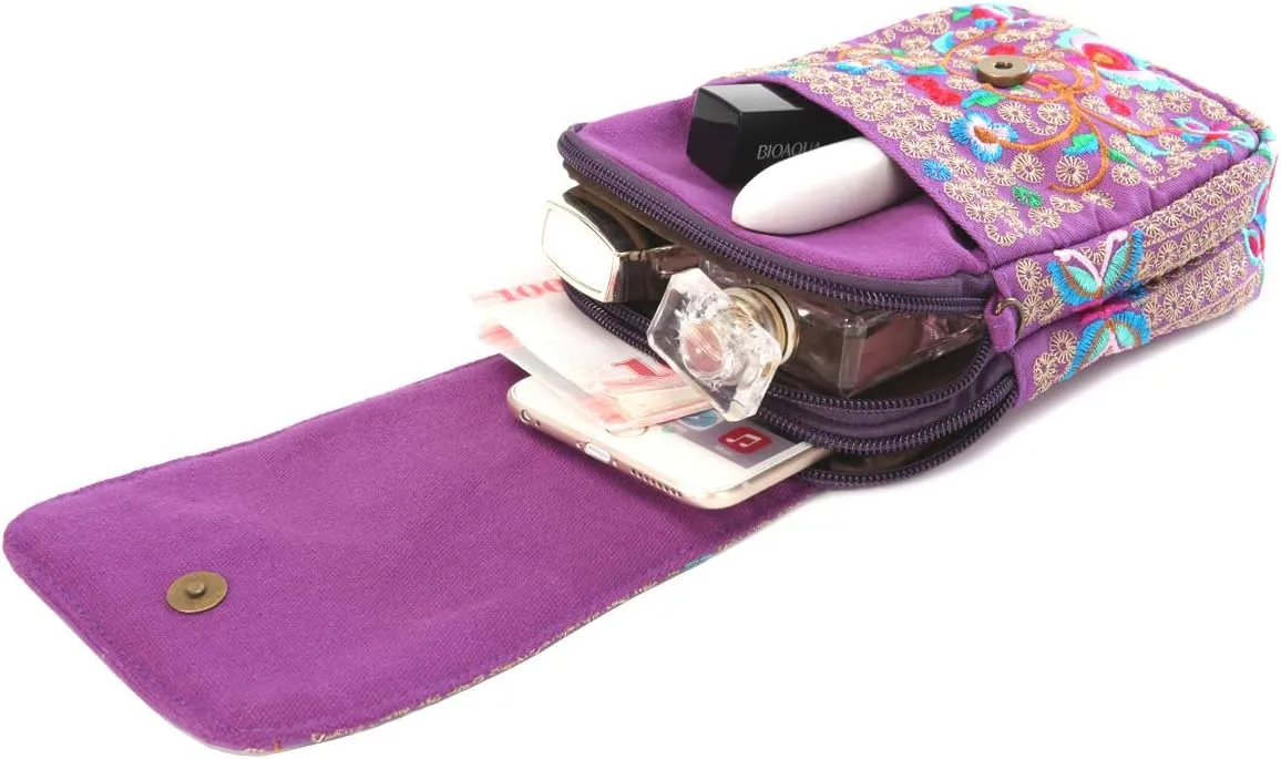SILKAREA Embroidered Cute Mini Crossbody Bag for Women Small Handbags Wristlet Wallet Bag Cell-phone Pouch Coin Purse
