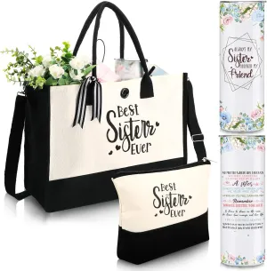 Silkfly 3 Pcs Best Sister Ever Set for Women Mothers Day Birthday Gifts Stainless Steel Tumbler Canvas Tote Bag for Friend Family Coworker