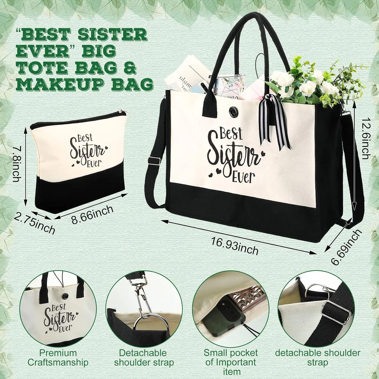 Silkfly 3 Pcs Best Sister Ever Set for Women Mothers Day Birthday Gifts Stainless Steel Tumbler Canvas Tote Bag for Friend Family Coworker