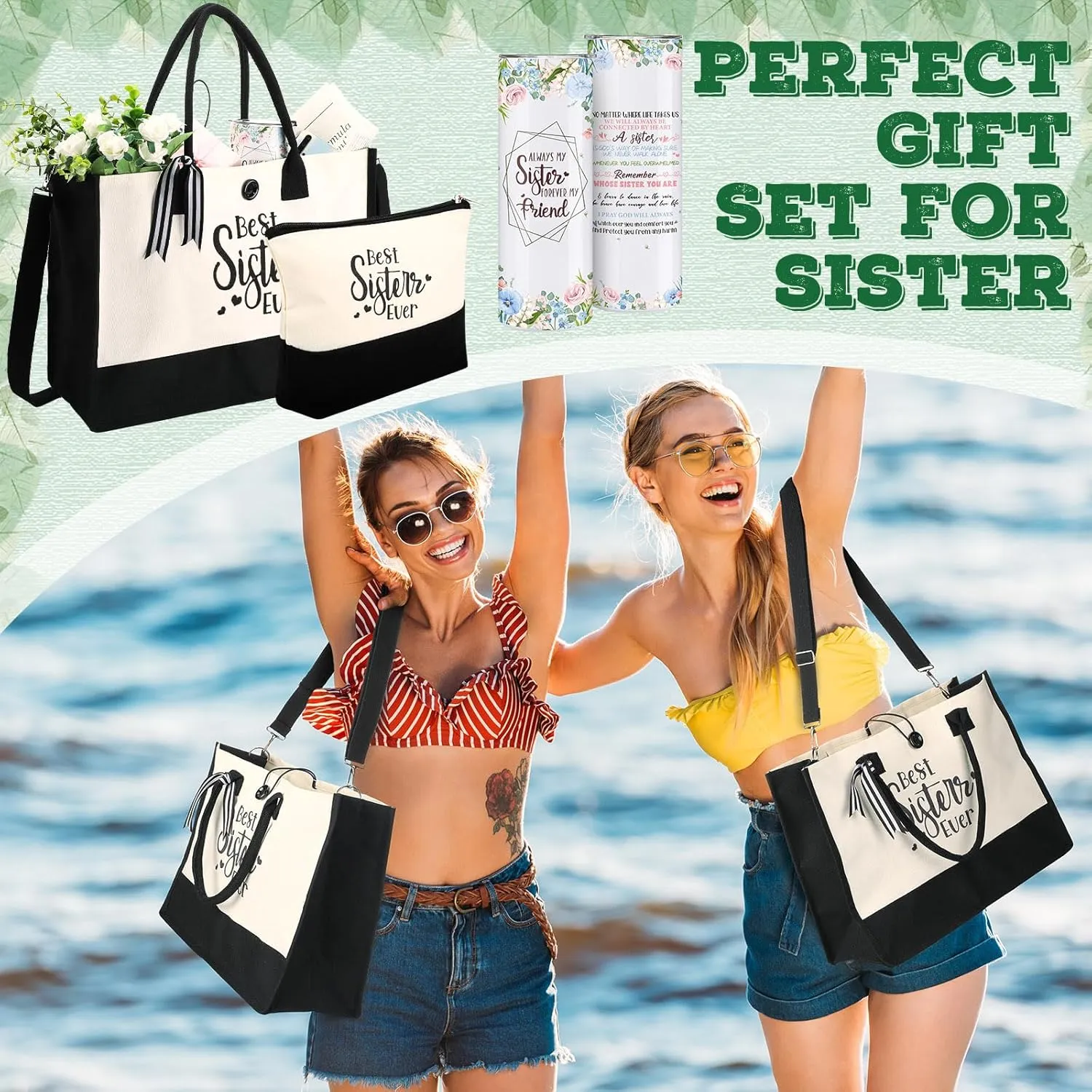 Silkfly 3 Pcs Best Sister Ever Set for Women Mothers Day Birthday Gifts Stainless Steel Tumbler Canvas Tote Bag for Friend Family Coworker