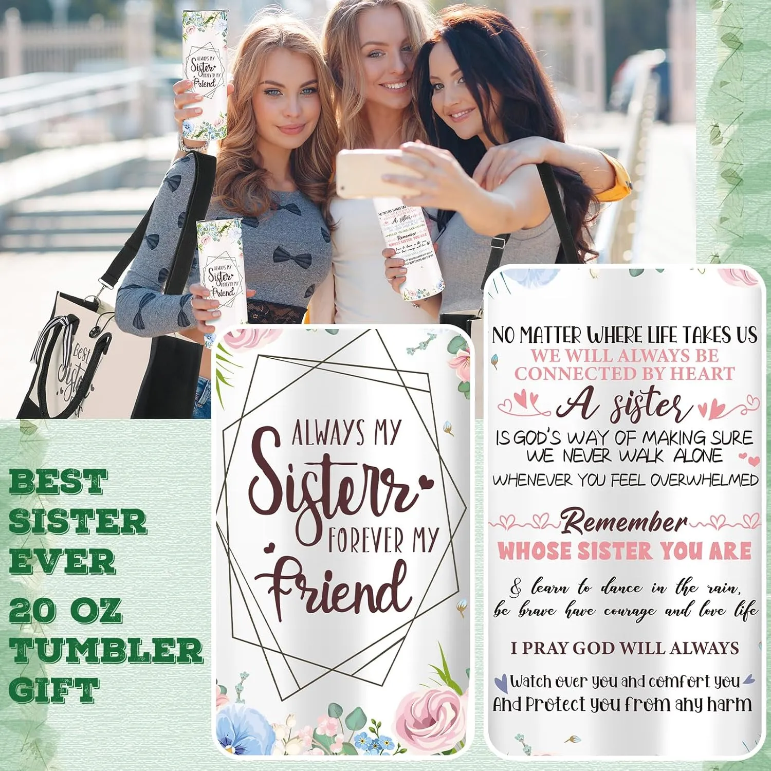 Silkfly 3 Pcs Best Sister Ever Set for Women Mothers Day Birthday Gifts Stainless Steel Tumbler Canvas Tote Bag for Friend Family Coworker